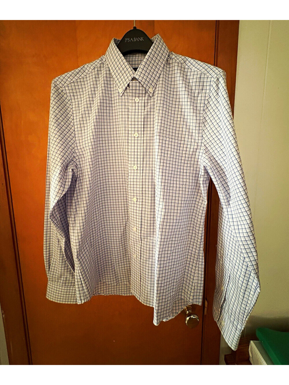 Jos A Bank Traveler Men's Medium Slim Fit Blue Check Button Down Shirt Cotton
